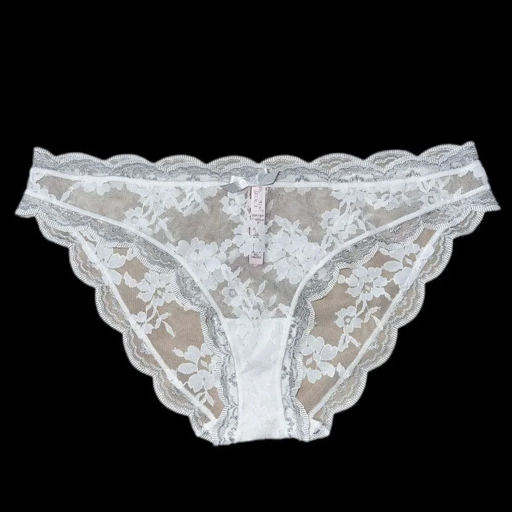 Victoria’s Secret Dream Angels lace & mesh cheekini panty white silver detail